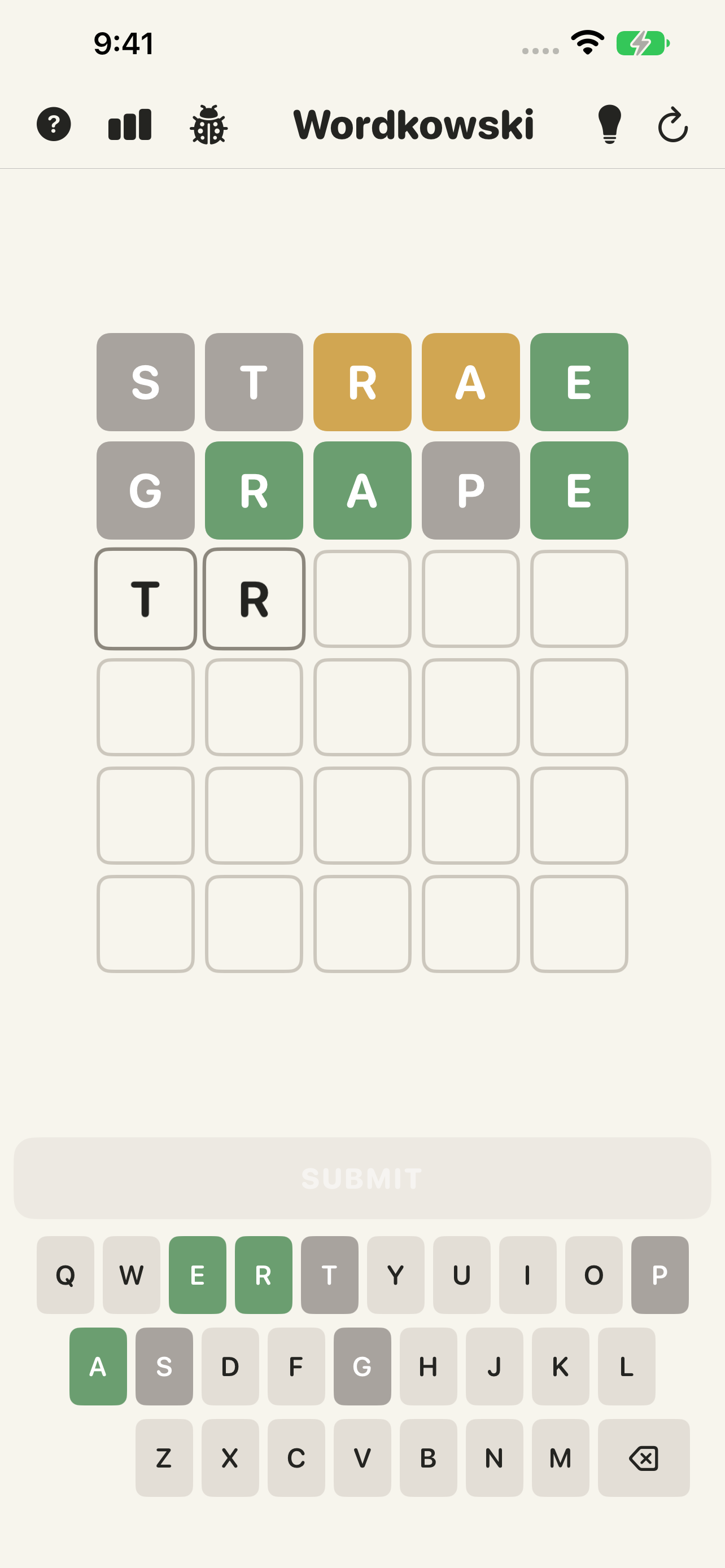 Wordkowski game board mid-play: two guesses submitted with green, amber, and gray tile feedback, a third guess in progress, and the on-screen keyboard below.