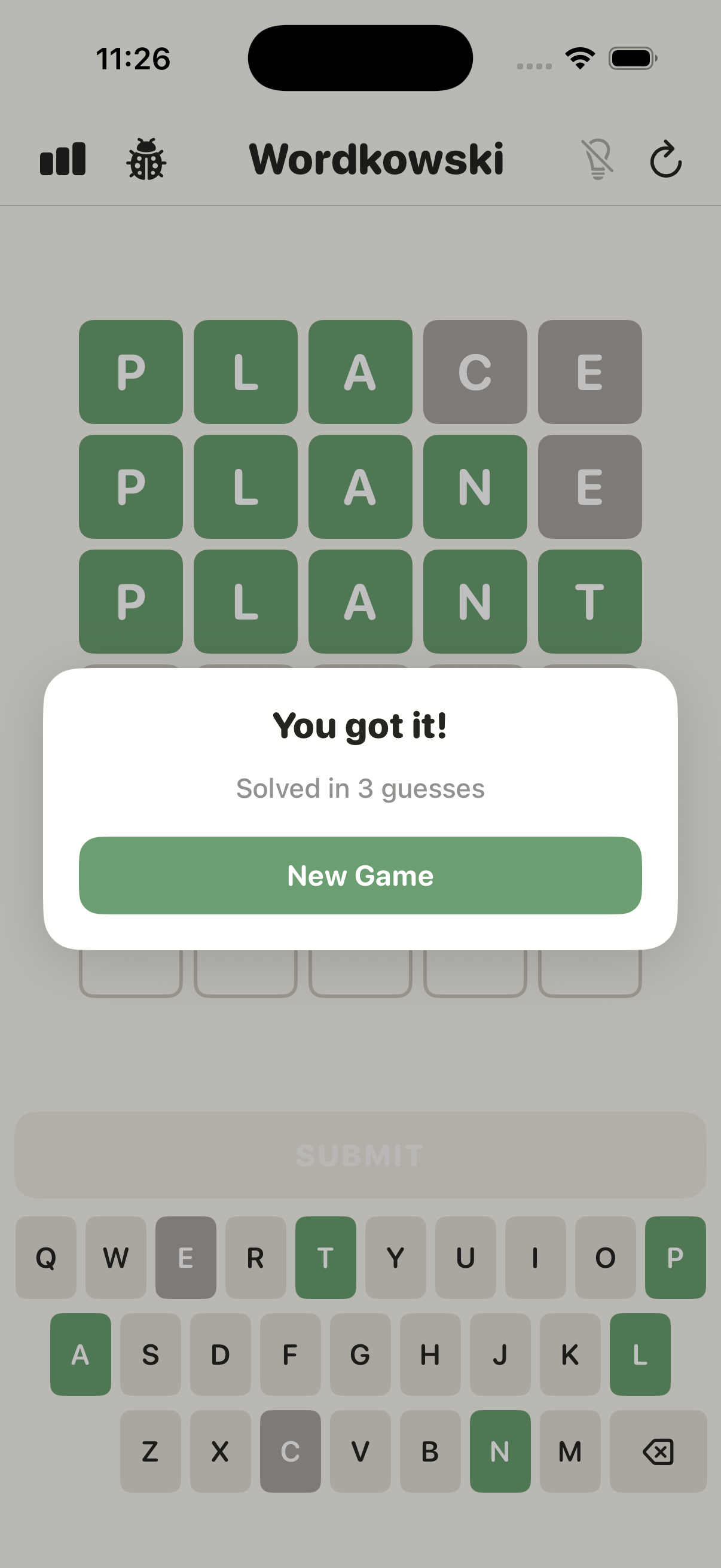 Wordkowski win screen reading “You got it!” with the solved board behind it and the guess count shown.